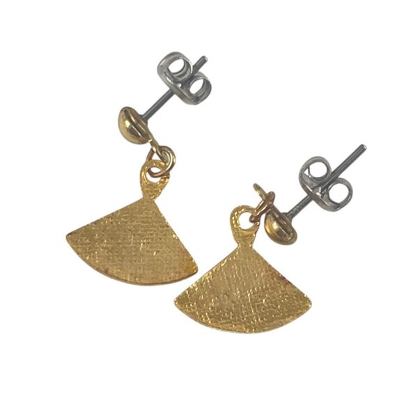 Gold & Blue Fan-Shaped Dangle Earrings With Floral Enamel Design - Picture 5 of 7